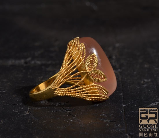 皇室黄金掐丝工艺 正品天然保山琥珀色南红玛瑙戒指