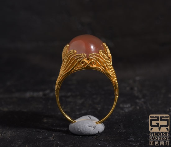 皇室黄金掐丝工艺 正品天然保山琥珀色南红玛瑙戒指