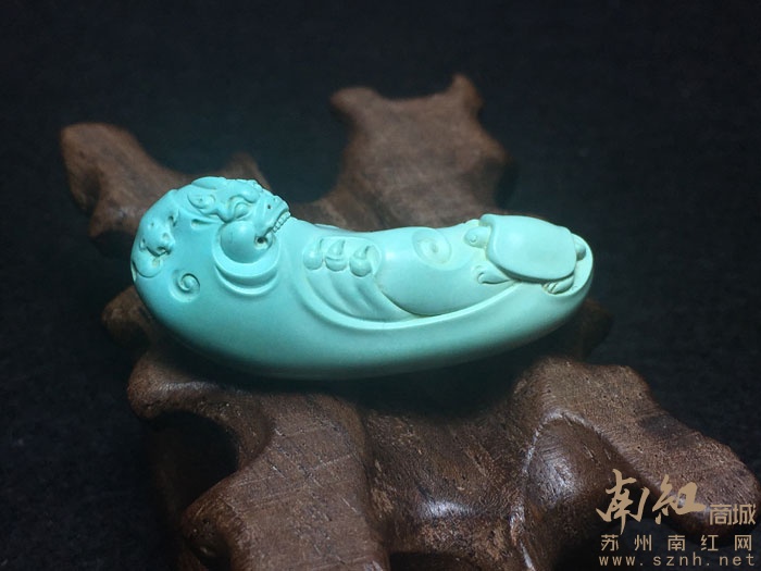 天然原矿湖北绿松石苏工精品雕件 福寿